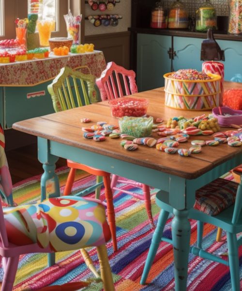 Vibrantly colorful dining table set for kids generated by artificial intelligence